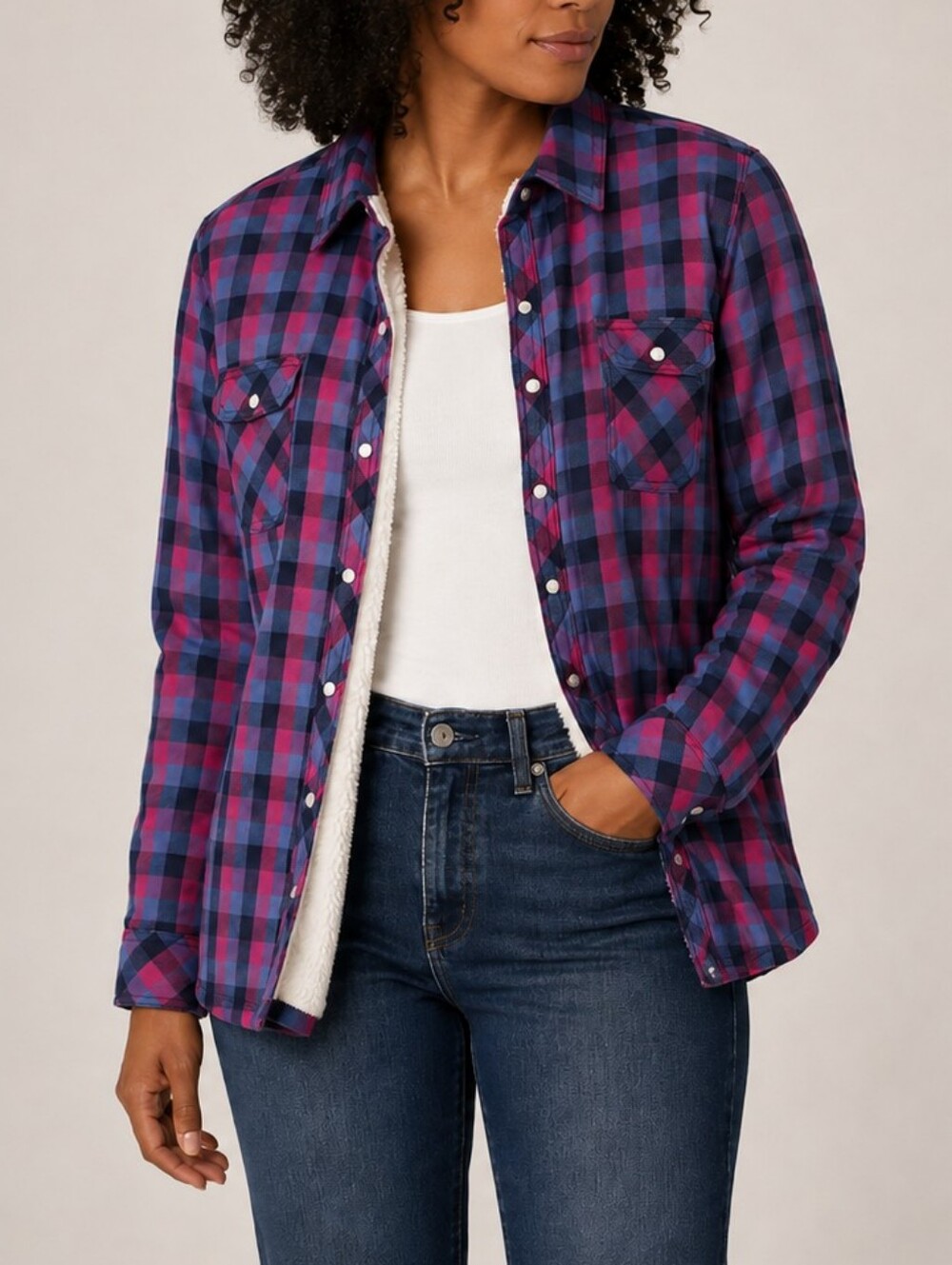 BC Clothing Woman Sherpa Lined Plaid Flannel Shacket XL Pink Blue Snap Front
